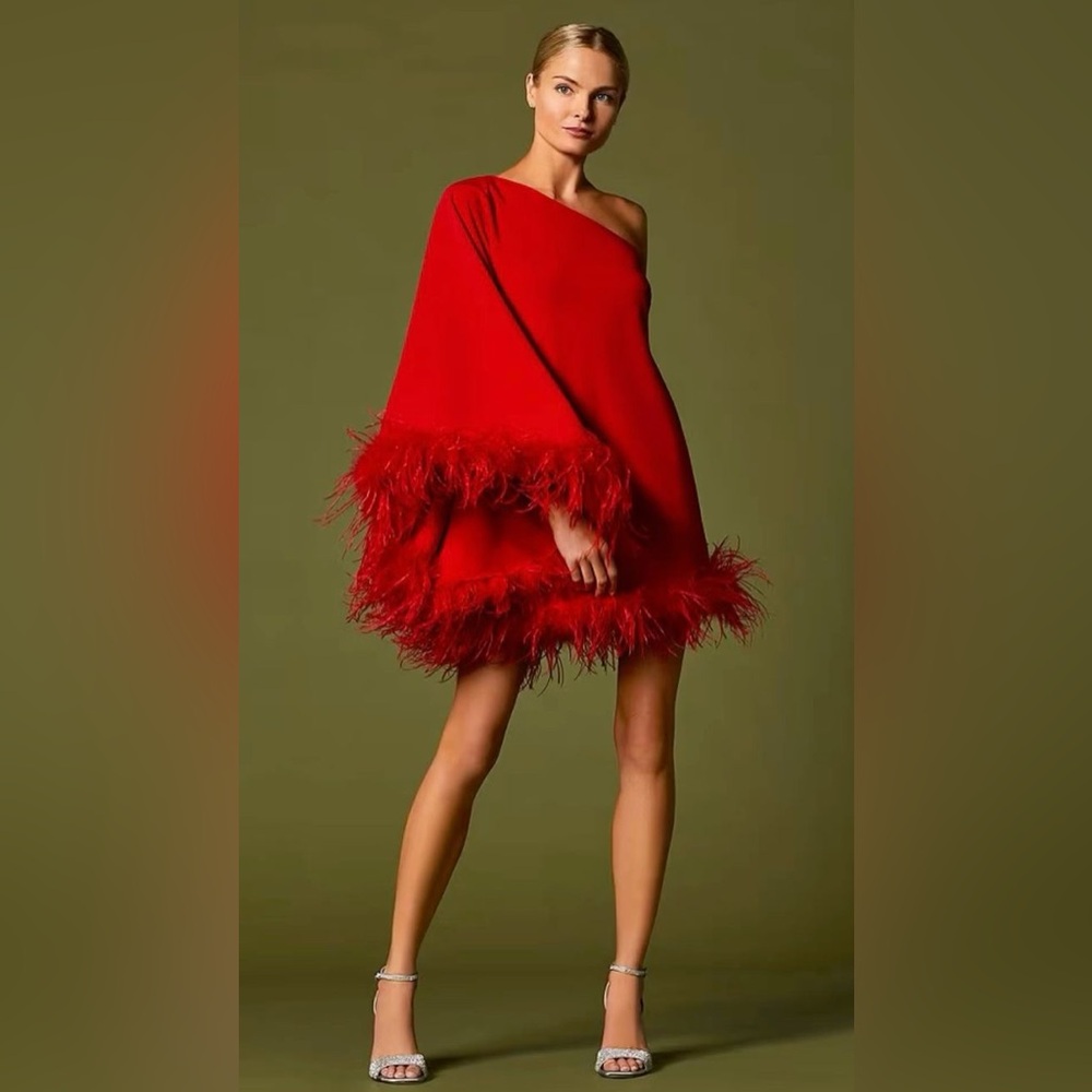 Stunning Antonio Melani Cosima Asymmetrical neckline feather trim red dress.